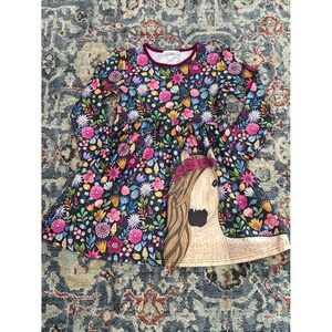 Sunshine Swing Dress Girls Size 8 Black Floral Horse Graphic Long Sleeve EUC